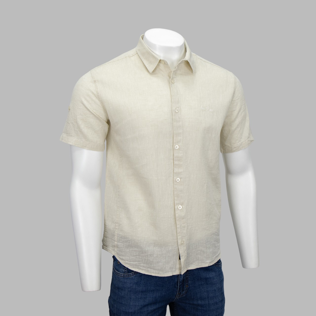 Сорочка чоловіча, приталена (Slim Fit) з коротким рукавом, Bagarda JP6503 STONE 80% льон 20% бавовна XL(Р)
