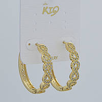 Сережки кільця конго з кристалами вісімки золотистий лимонний відтінок Д 30 мм ширина 5 мм покриття 925 S