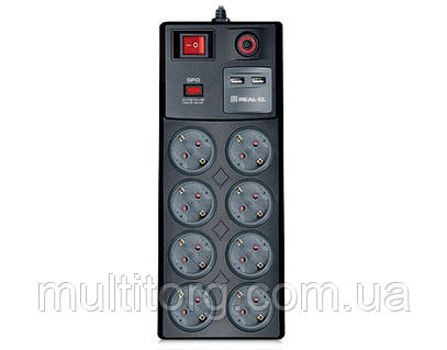 Фильтр-удлинитель REAL-EL RS-8F USB CHARGE 3m черный