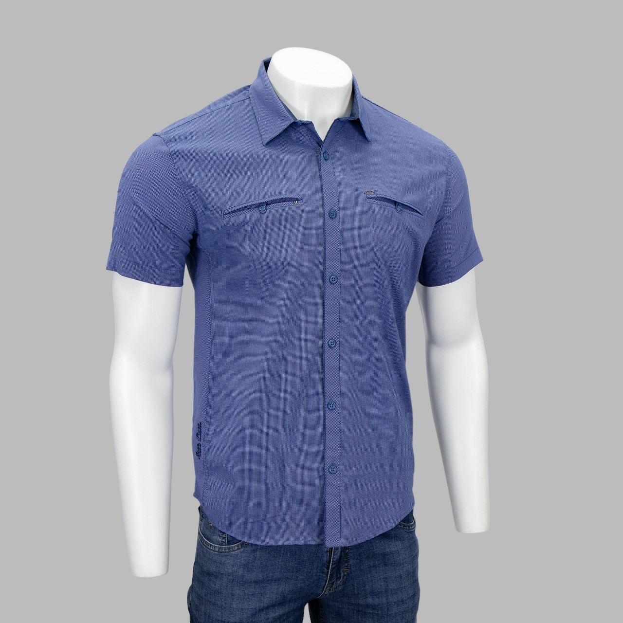 Сорочка чоловіча, приталена (Slim Fit) з коротким рукавом, Bagarda JP6521 INDIGO-PINK 93% бавовна 7% еластан