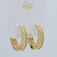 Сережки круглі кільця конго з камінням і візерунками золотистий лимонний відтінок Д 25 мм ширина 5 мм покриття 925 S