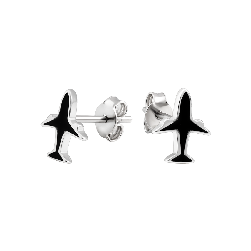 Срібні сережки пусети літачки з блискучою чорною емаллю, фото 1