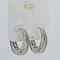 Сережки кільця металеві сріблястого кольору з кристалами та візерунками з неіржавкої сталі 952S діаметр 25 мм