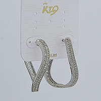 Сережки кільця металеві сріблястого кольору з кристалами кручені з неіржавкої сталі 952S діаметр 30 мм