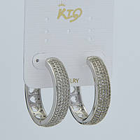 Сережки кільця металеві сріблястого кольору з кристалами та візерунками з неіржавкої сталі 952S діаметр 30 мм