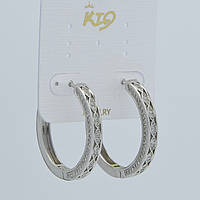 Сережки кільця металеві сріблястого кольору з кристалами та візерунками з неіржавкої сталі 952S діаметр 30 мм