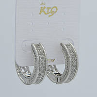 Сережки кільця металеві сріблястого кольору з кристалами та візерунками з неіржавкої сталі 952S діаметр 23 мм