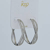 Сережки кільця металеві сріблястого кольору зі стразами кручені з неіржавкої сталі 952S діаметр 33 мм