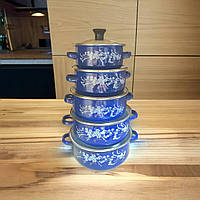 Набір емальованих каструль 5 штук зі скляною кришкою Benson BN-079 синій