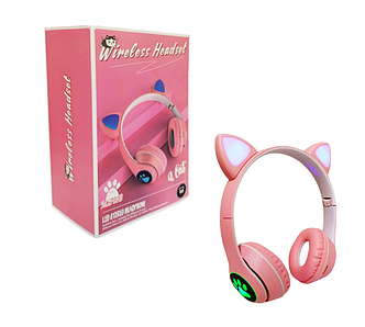 Bluetooth навушники MZ-023 з котячими вушками та LED підсвіткою Рожеві, фото 1