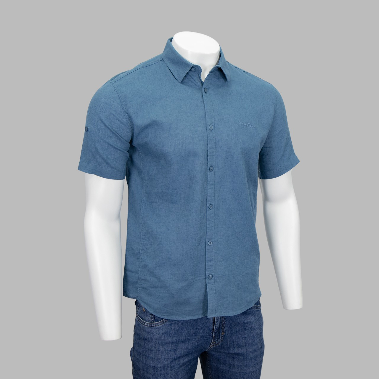 Сорочка чоловіча, приталена (Slim Fit) з коротким рукавом, Bagarda BG2403-01 PETROL 80% льон 20% бавовна