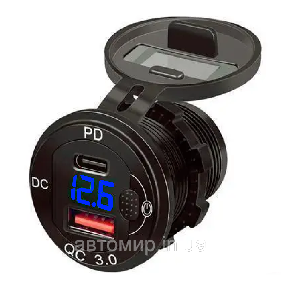 Автомобільна врізна зарядка з 1 USB+Type-C та вольтметром синього кольору 12/24В з виходом 3А ампера, фото 1