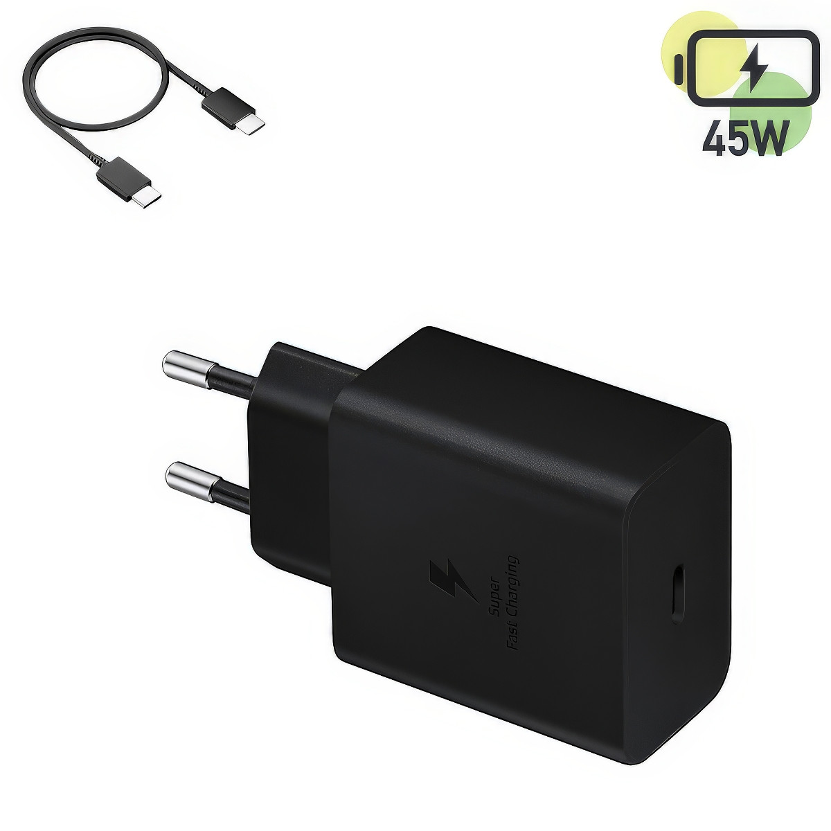 Блок живлення для телефону + кабель, 45W PD Adapter USB-C Чорний, пристрій для заряджання телефону, адаптер