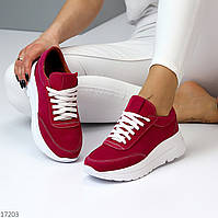 Замшеві жіночі кросівки натуральна замша на білій підошві колір малинова фуксія
