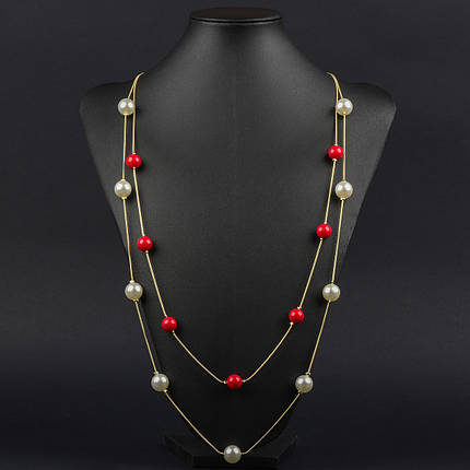 Кольє довге на металевому золотистому ланцюжку двошарове з білими та червоними намистинами довжина 85-90 см, фото 1