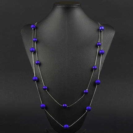 Кольє довге на металевому сріблястому ланцюжку двошарове із синіми матовими намистинами довжина 85-90 см, фото 1