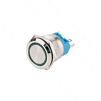 Кнопка антивандальна 22мм з фіксацією, зелене підсвічування, 220V