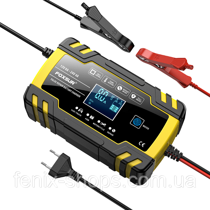 Зарядний пристрій FOXSUR 12V/8А – 24V/4А для акумуляторів різних видів з LCD дисплеєм