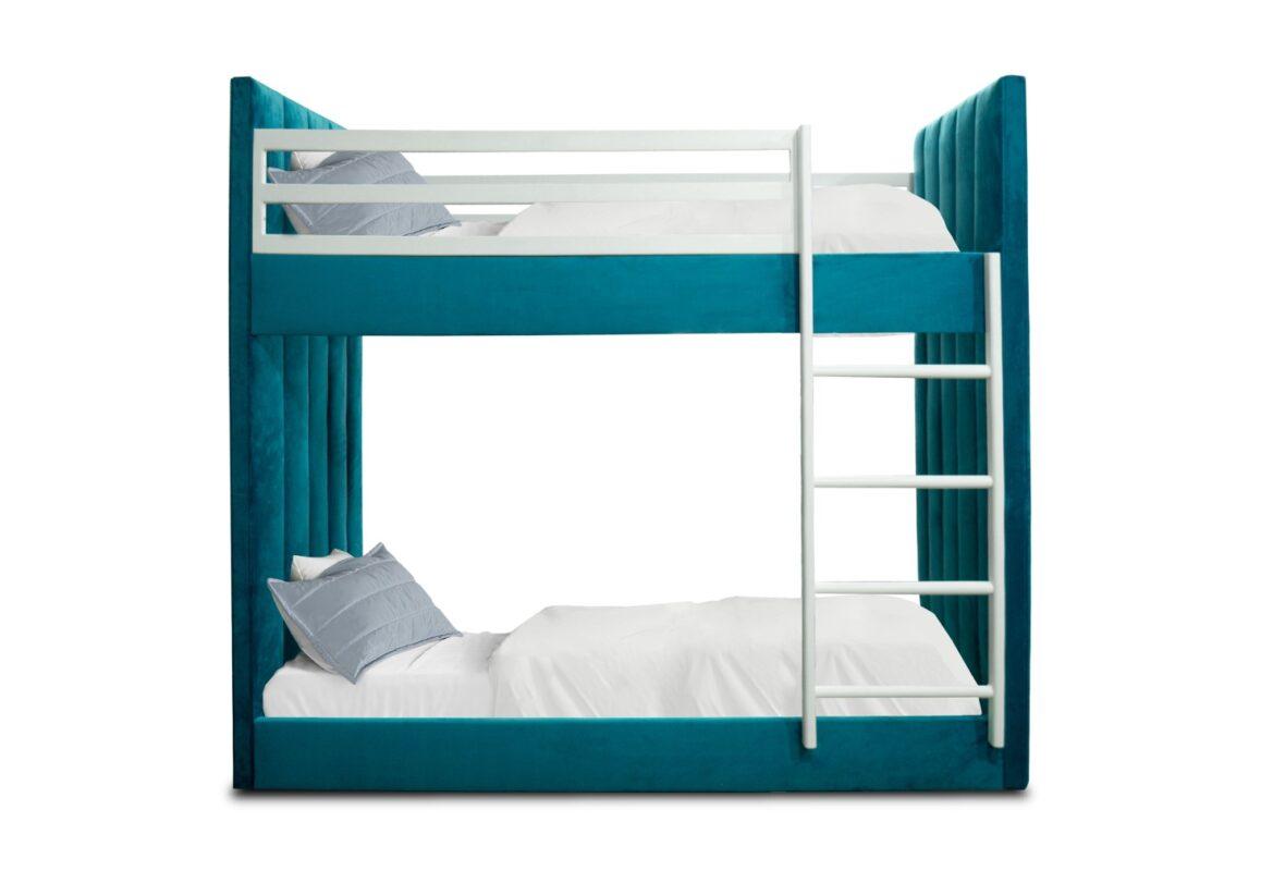 Сучасне м'яке синє двоярусне ліжко для двох дітей хлопчиків підлітків 90х200 Твікс Шик-Галичина