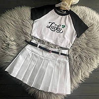 Стильная подростковая юбка тенниска топ летний для девочки, Летний костюм для подростка, Юбка-плиссе белая
