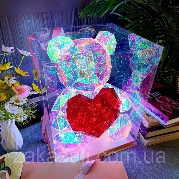 Унікальний кришталевий ведмідь, геометричний Ведмедик 3D LED Teddy Bear нічник з червоним серцем 25 см.