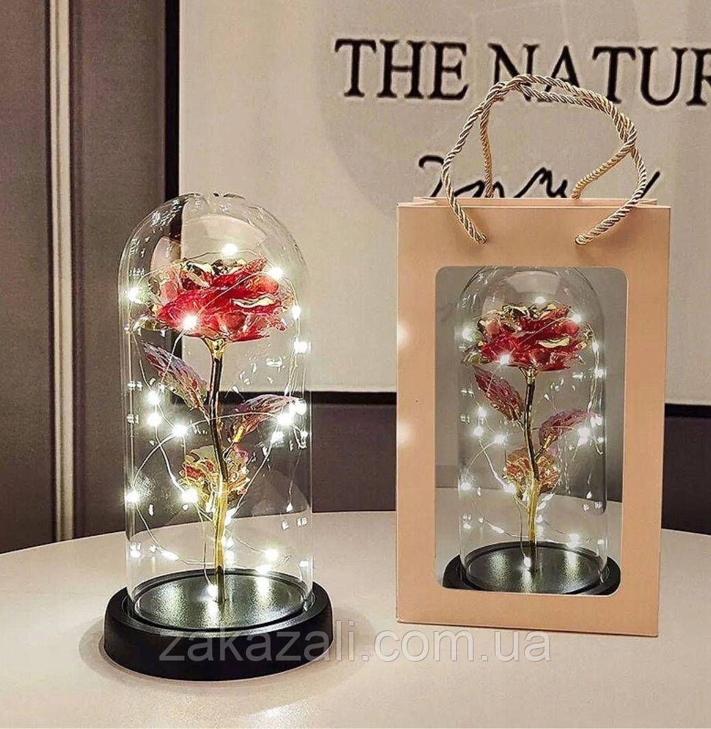 Троянда в колбі LED RED GOLD із підсвічуванням Rose of Love, скляна колба.