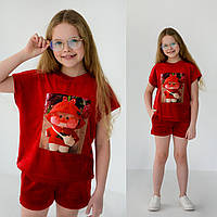Дитячий спортивний костюм двійка велюровий з принтом, футболка + шорти; червоний, білий, фрез, хакі та помаранчевий