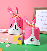Пакеты детские с рисунком Зайчик розовый бочок, полиэтиленовые с ушками для угощений 21х12 см набор 10 шт