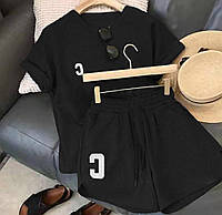 Женский летний спортивный костюм двойка шорты и футболка (черный, меланж, сиреневый, ментол, бежевый)