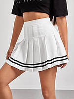 Женская трендовая юбка тенниска на высокой посадке в складку с окантовкой костюмка (белый черный) 40 42 44