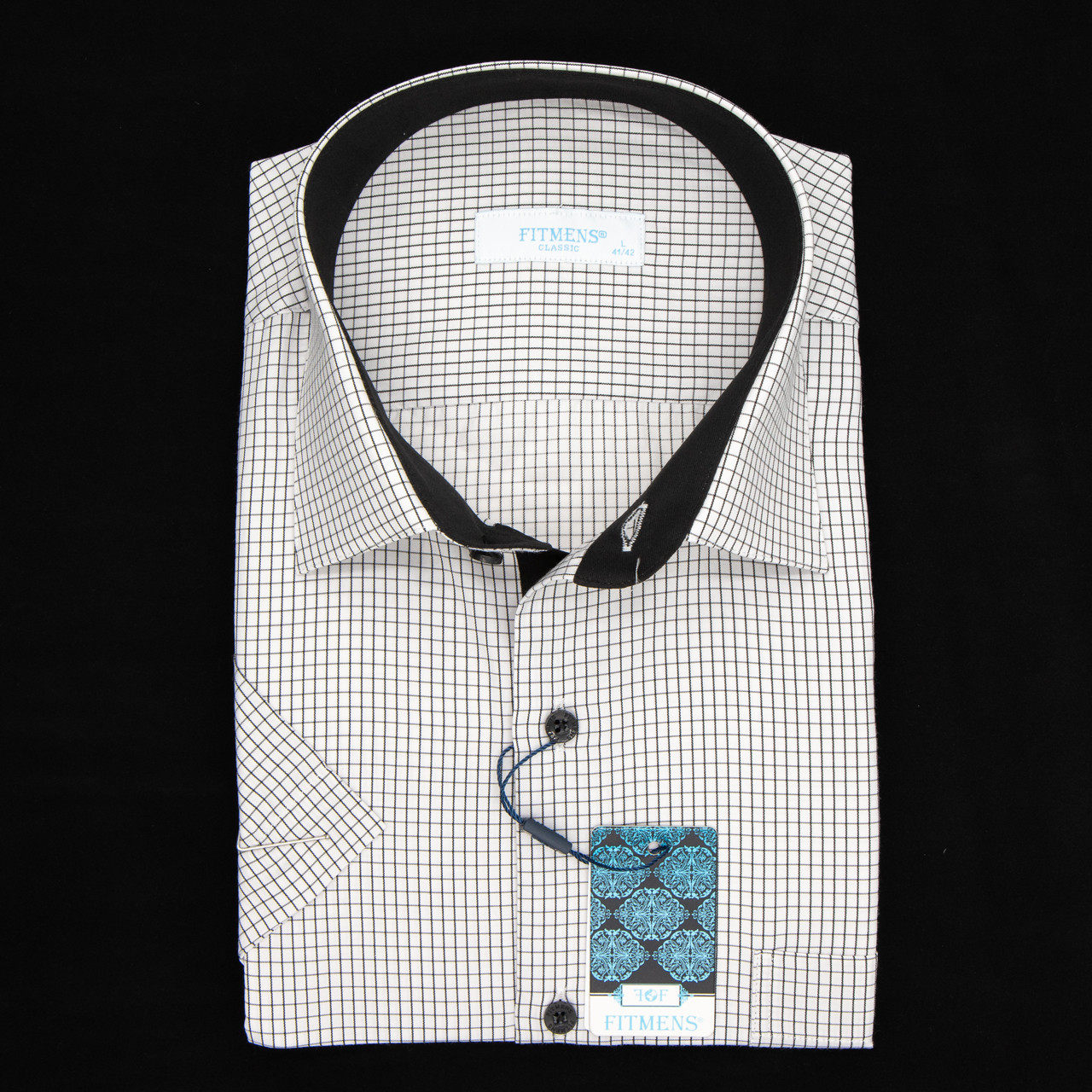 Сорочка чоловіча, прямого покрою, з коротким рукавом, FITMENS FS-000701 Beyaz Siyah 90% бавовна 10% поліестер