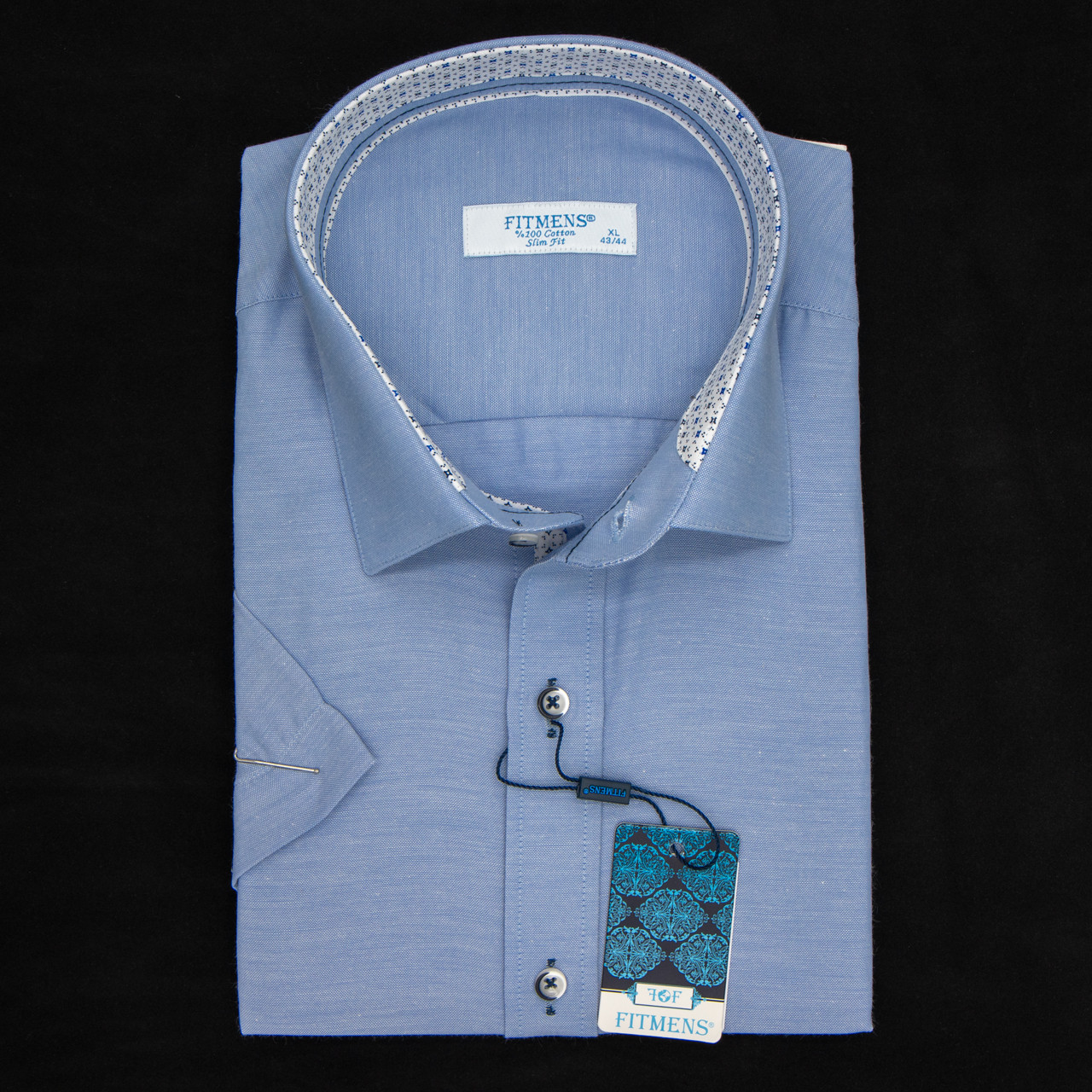 Сорочка чоловіча, приталена (Slim Fit), з коротким рукавом, FITMENS FS-001555 MAVI 100% бавовна L(Р)