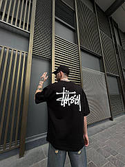 Чорна чоловіча бавовняна літня футболка  Stussy оверсайз Брендова футболка подовжена пряма для хлопця якісна