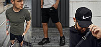 Комплект Nike футболка хакі + шорти + кепка Nike чорна з сіткою (біле лого)