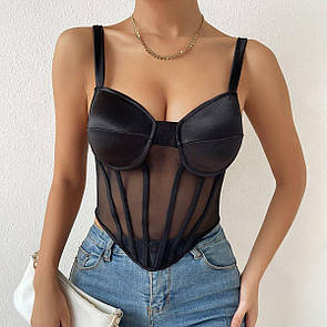 Жіночий корсетний топ-бюстьє з чашками та сіткою, Жіночий корсетний топ-бюстьє, Корсетний топ Чорний, M