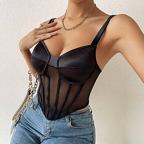 Стильний відкритий топ корсет із чашками, Розкішний топ корсет із чашками, Топ із ніжної сітки на кісточках Чорний, M