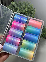 Набір фольги в контейнер (10шт) для дизайну нігтів неон блакитний