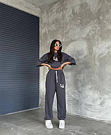 Женский молодежный оверсайз костюм Лос-Анжелес футболка и джогеры (бежевый, графит); размер: 42-46 Графитовый,
