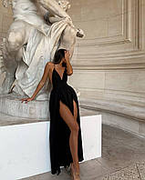 Женское романтичное софтовое удлиненное черное платье с открытой спиной на бретельках; размер: 42-44, 44-46