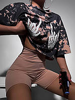 Молодежный спортивный повседневный женский костюм двойка Tie dye (шорты + топ) двунитка трикотаж 42-44 46-48