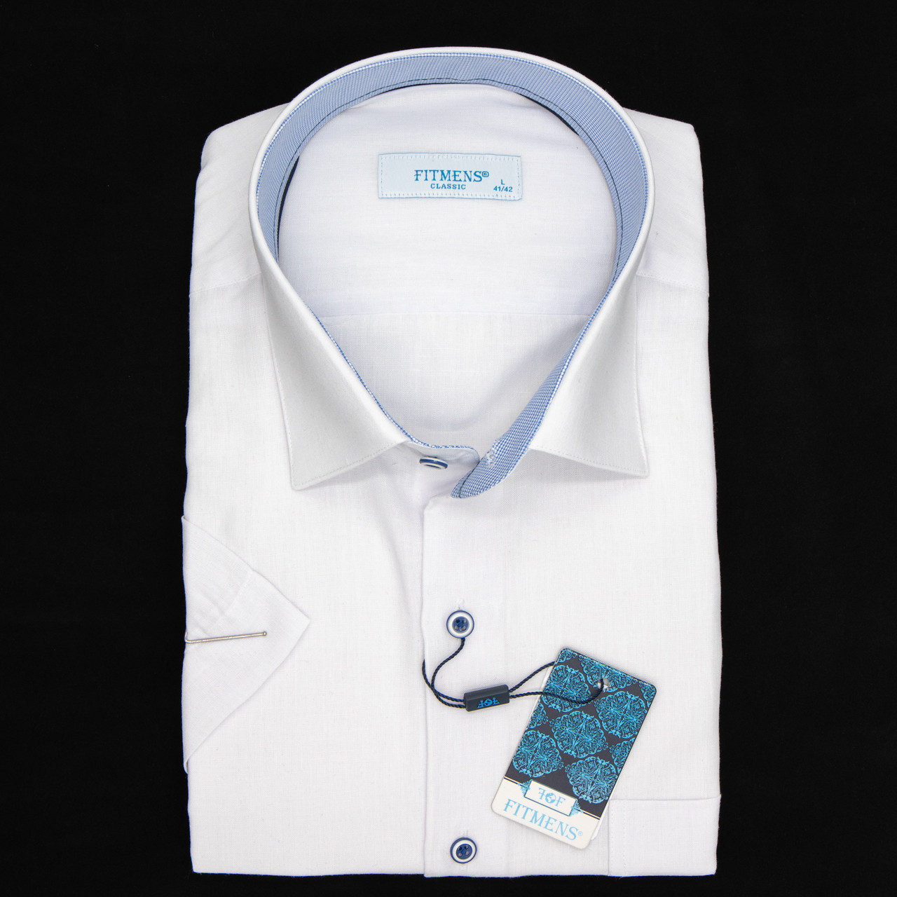 Сорочка чоловіча, прямого покрою, з коротким рукавом, FITMENS FS-002533 BEYAZ/MAVI 100% льон XL(Р), фото 1