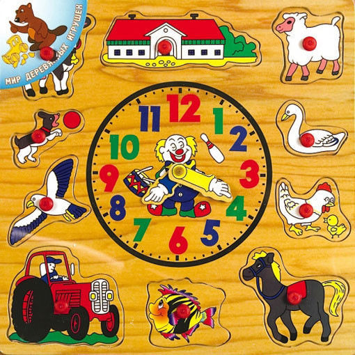 Дерев'яна рамка-вкладиш Годинник "Домашні тварини" для дітей від 3 років ТМ "Іграшки з дерева" Р 35