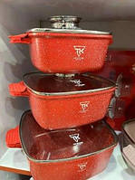 Набор квадратных кастрюль с мраморным покрытием, кастрюли для индукционных плит Top Kitchen TK-025 Красный lkp