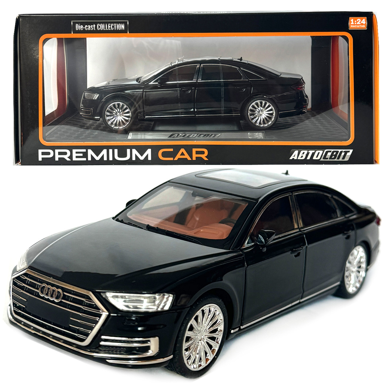 Машинка металева Audi A8 Ауді чорна 1:24 звук світло інерція відкр двері багажник капот гумові колеса 20,5*8*7см (AP-2065), фото 1