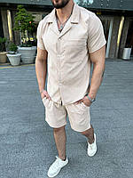 Мужской бежевый костюм вельветовый летний классический двойка, Модный бежевый комплект на лето Рубашка и Шорты