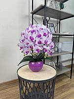 Композиція якості Premium із латексних орхідей на 3 гілочки в круглому керамічному кашпо, штучні декоративні квіти