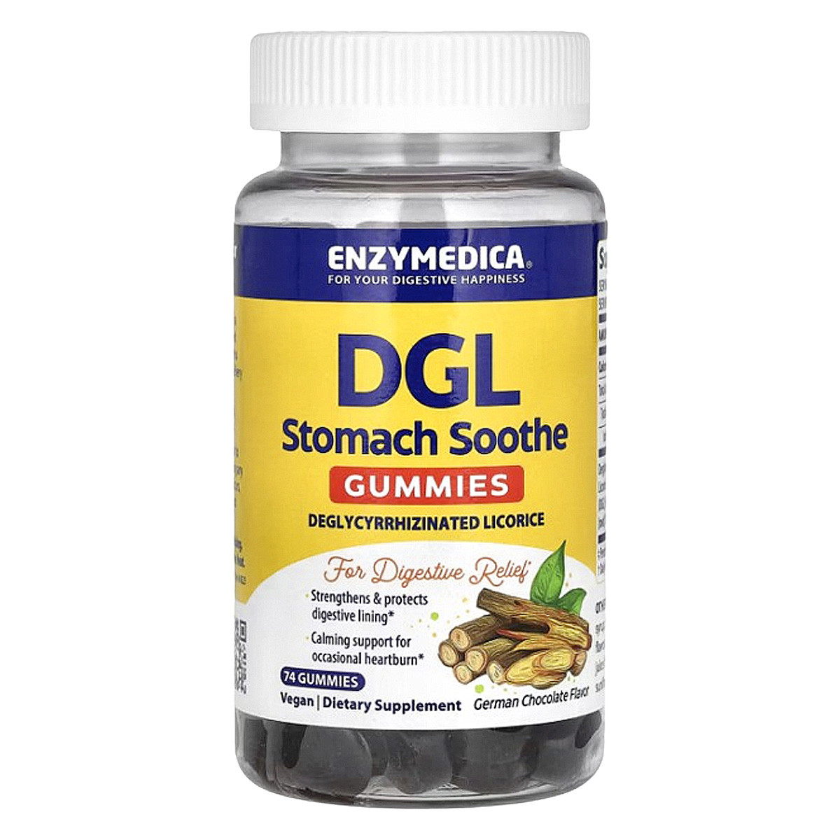Корінь солодки (лакриці), DGL Stomach Soothe Gummies, Enzymedica, смак німецького шоколаду, 74 жувальні
