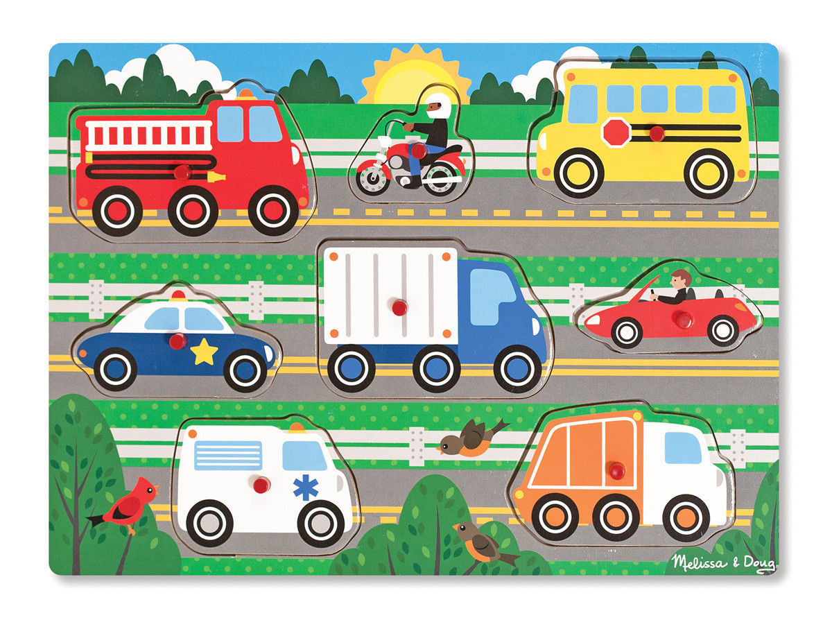 Пазл "Вгадай машинку" NEW (Wooden Peg Puzzle - Vehicles) дерев'яна рамка-вкладиш ТМ Melіssa & Doug MD19051