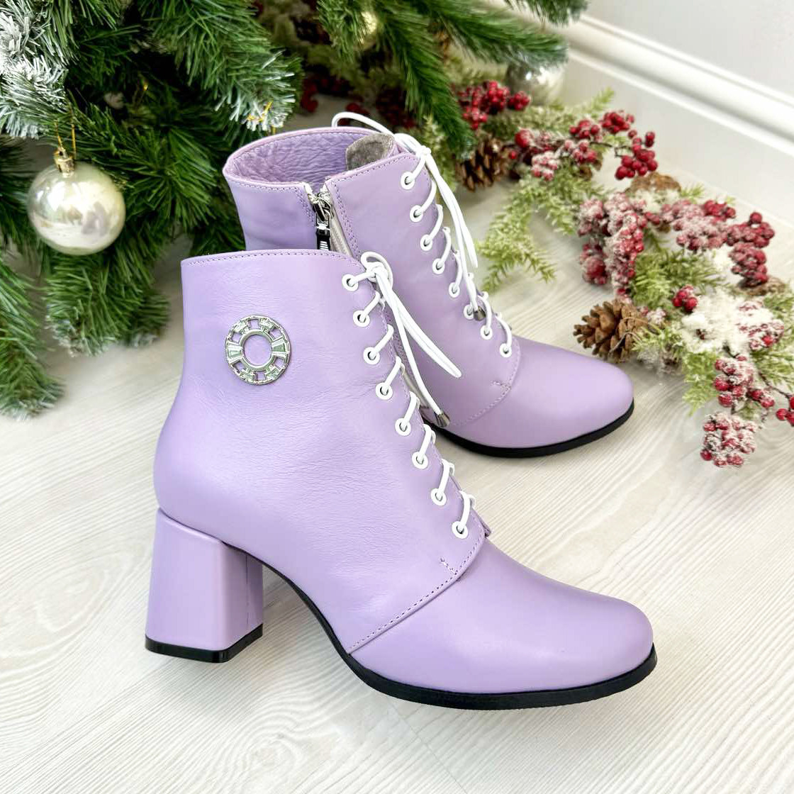 Черевики жіночі шкіряні на шнурівці. Колір лаванда, фото 1