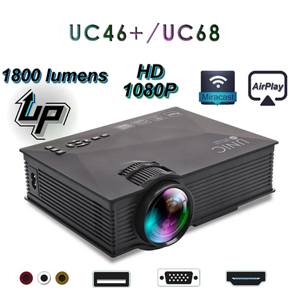 Проектор Мультимедійний Wi-Fi UNIC UC68 BK домашній кінотеатр 1800 люмен світлодіодний проектор з HD 1080p, фото 1